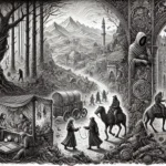 DALL·E 2025-02-09 12.25.10 – A detailed black-and-white line drawing in widescreen format, depicting various wandering encounters across different environments. The left side show