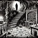DALL·E 2025-02-23 09.12.36 – A black-and-white illustration in the style of 1980s RPG adventure modules, featuring thick ink lines, heavy shading, and stark contrasts. The scene d
