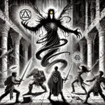 DALL·E 2025-03-20 14.35.56 – A black and white, hand-drawn illustration in the style of 1980s D&D adventure modules, featuring cross-hatching and heavy contrast. The widescreen im